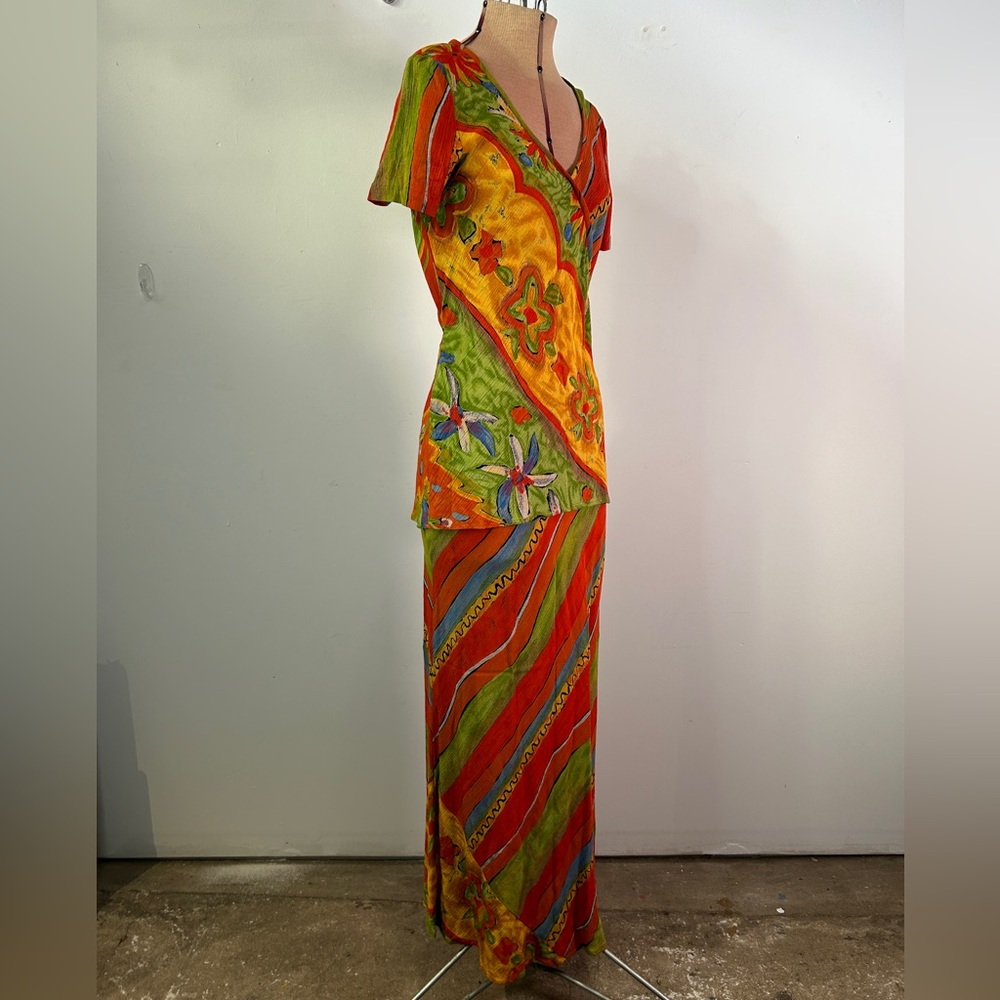 Carole Little Vintage 1990s Red Yellow and Green Maxi Skirt Set Size 4 - Picture 2 of 14
